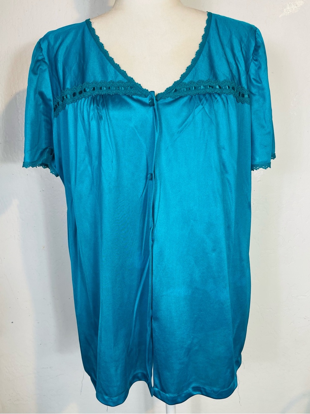 Vintage 80s 90s Adonna Size Large L Button Down Lace Sleep Wear Top Shirt Green